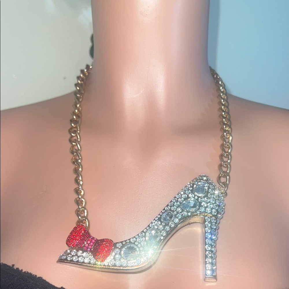Crystal High Heel Pendant Necklace with Red Bow Accent